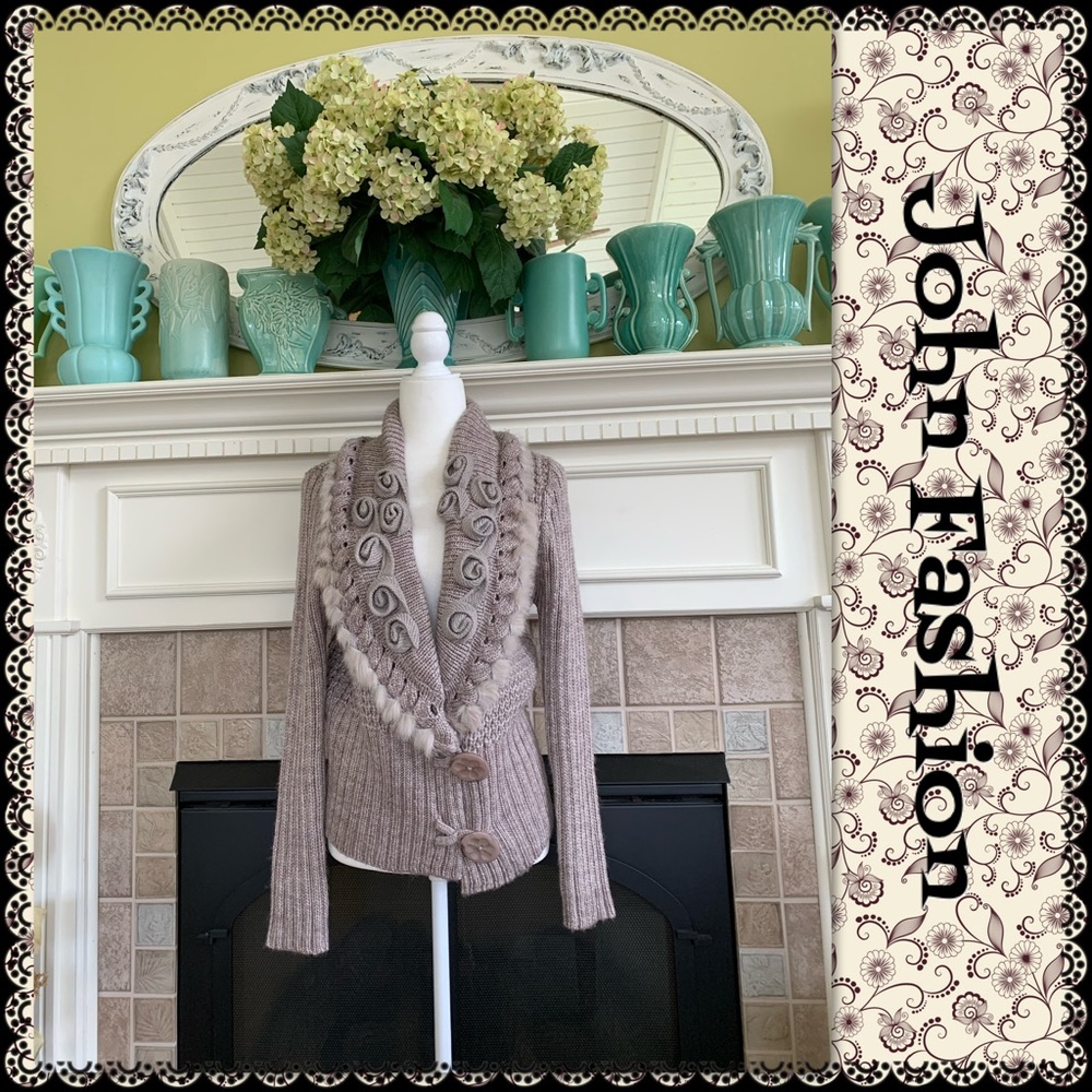 Women’s Taupe Knit Cardigan Sweater with Decorative Collar